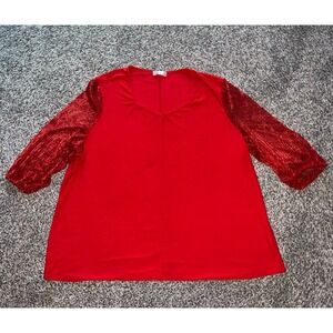 98th‎ and Madison Women's Red Shiny sheer quarter sleeves top size 3x